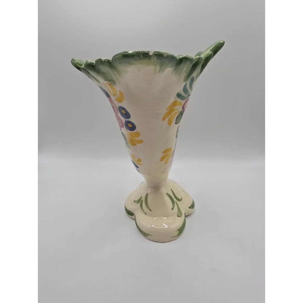 VTG PV Peasant Village Italy Horn Vase Floral Hand Painted Jagged Rim